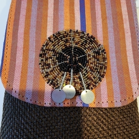 Bohemian Style Crossbody Pocketbook Brown Fabric, Multi Color Sripe, Beads New‎ - Picture 2 of 6